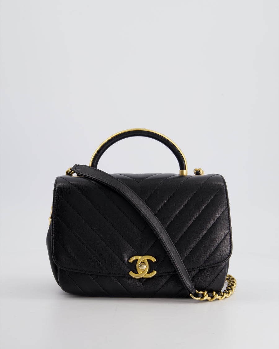 Chanel Black Top Handle Flap Bag in Chevron Lambskin with Antique Gold Hardware