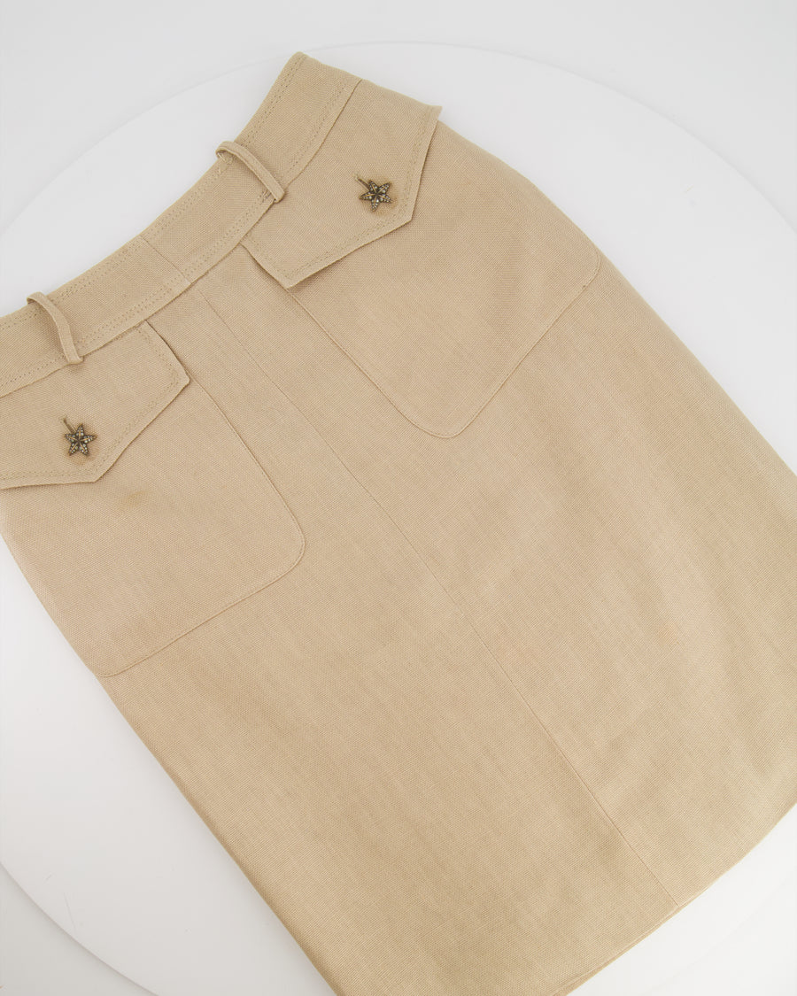 Valentino Beige Linen Midi Skirt with Star Details FR 34 (UK 6)