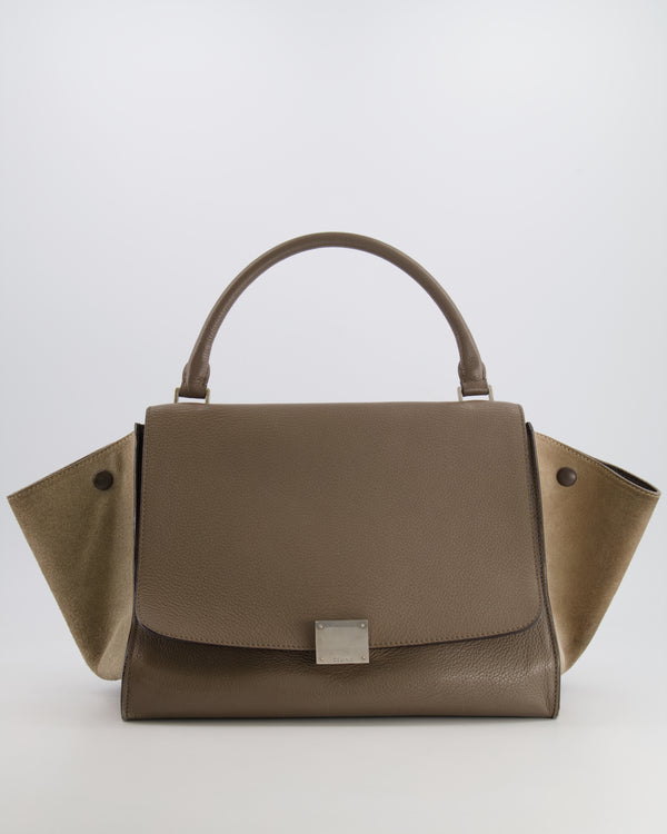 Celine Khaki Leather and Suede Trapeze Handbag with Silver Hardware