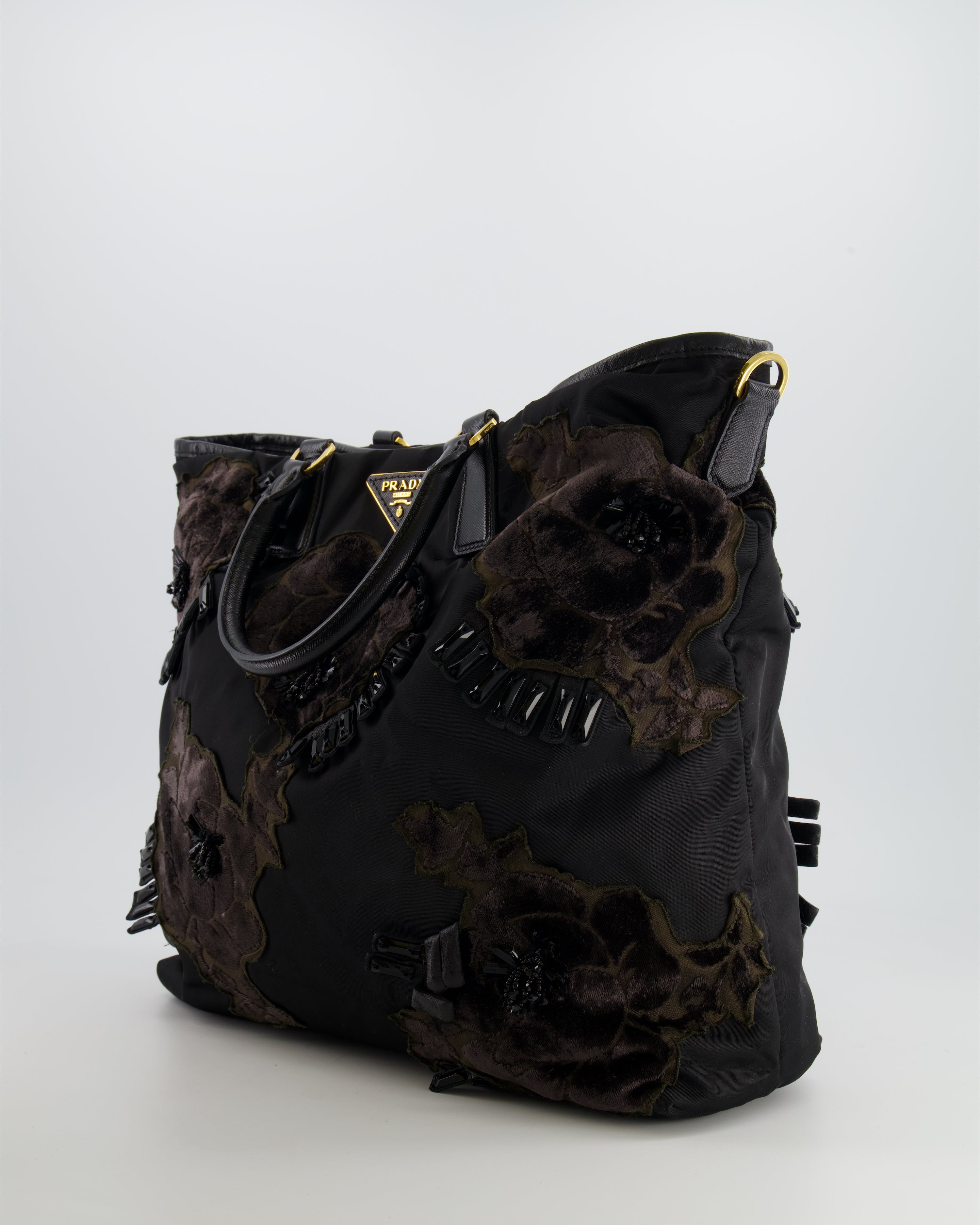 Prada Black Nylon Tote Bag with Gold Hardware Velvet and Crystal Embr Sellier