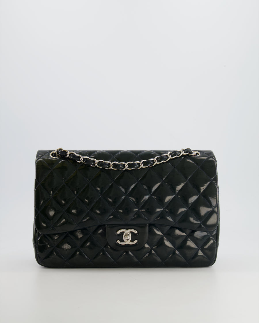 *FIRE PRICE* Chanel Dark Green Patent Classic Jumbo Double Flap Bag with Silver Hardware RRP £9,240