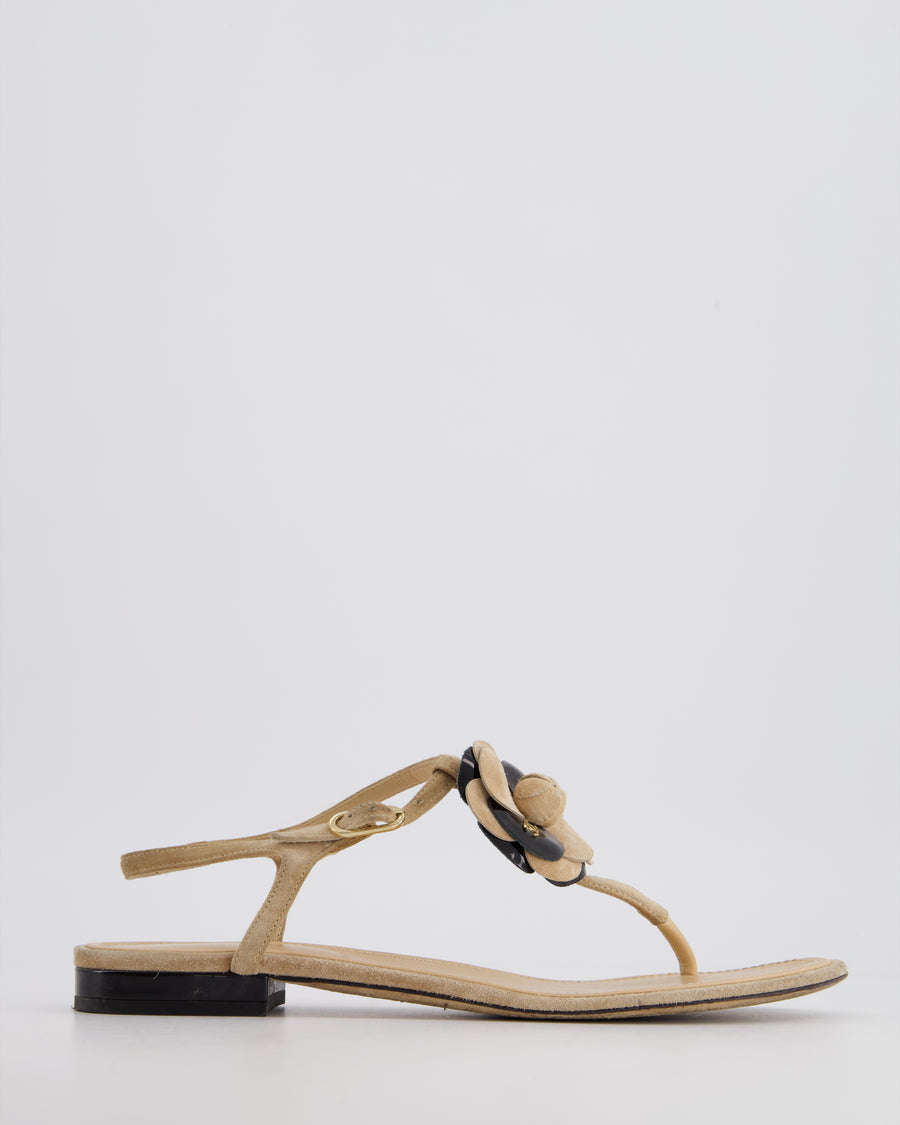 Chanel Cream Suede and Black Patent Leather Camelia Ankle Strap Sandals Size EU 39.5