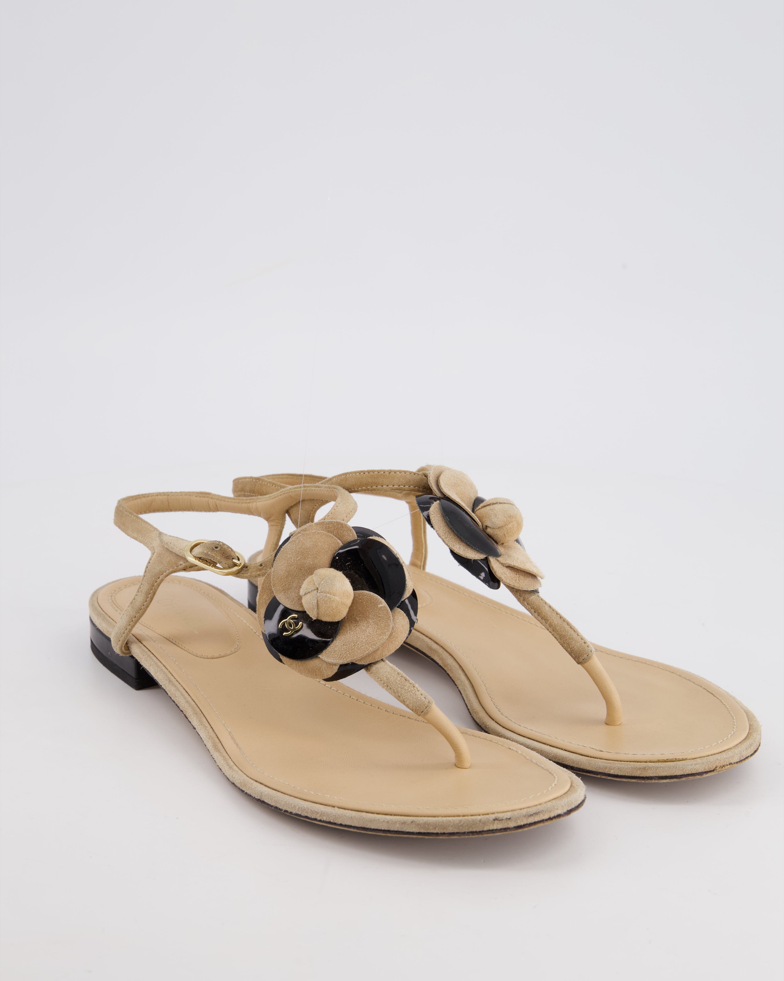 Chanel Cream Suede and Black Patent Leather Camelia Ankle Strap