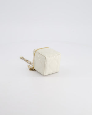 Christian Dior White Micro Cube Patent Leather Pouch with Champagne Gold and Pearl Chain Hardware