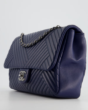 Chanel Navy Jumbo Chevron Quilted Flap Bag in Lambskin Leather with Gun Metal Silver Hardware