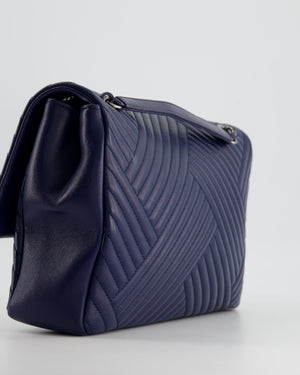 Chanel Navy Jumbo Chevron Quilted Flap Bag in Lambskin Leather with Gun Metal Silver Hardware