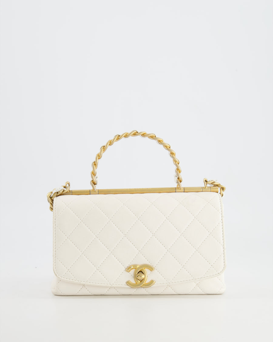 Chanel White Lambskin Leather Small Flap Bag with Brushed Gold Chain Top Handle