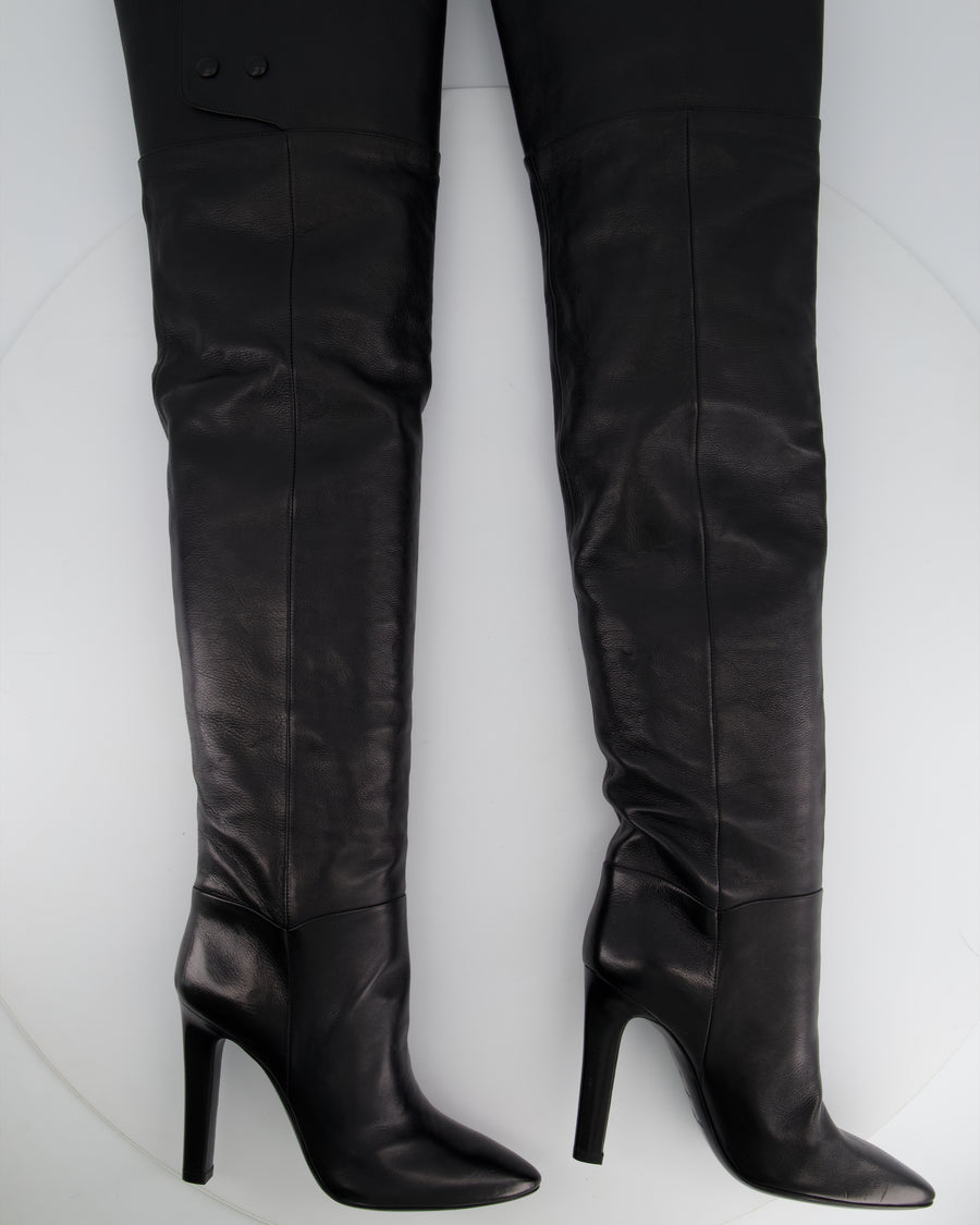 Saint Laurent Black Over Knee-High Heels with Popper Fastening Detail Size EU 37