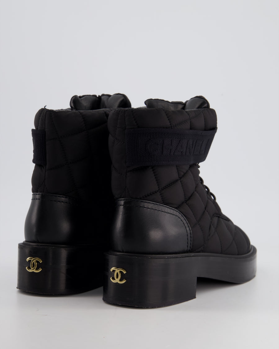 Chanel Black Nylon and Leather Padded Boots with CC Logo Detail Size EU 38