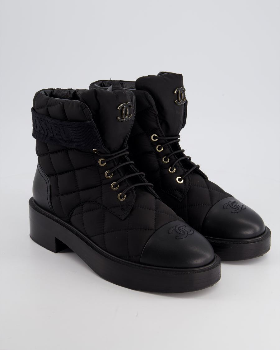 Chanel Black Nylon and Leather Padded Boots with CC Logo Detail Size EU 38