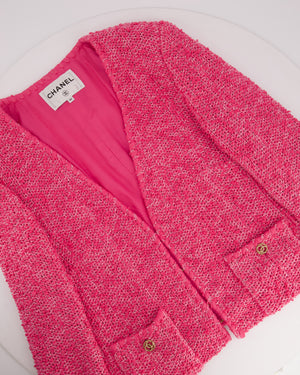 *HOT* Chanel 21C Pink Tweed Jacket and Skirt Set with CC Logo Buttons Size FR 42 (UK 14)