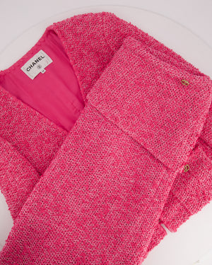 *HOT* Chanel 21C Pink Tweed Jacket and Skirt Set with CC Logo Buttons Size FR 42 (UK 14)
