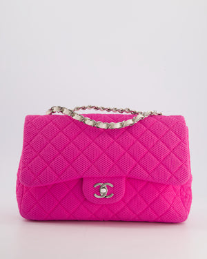 *FIRE PRICE* Chanel Hot Pink Jumbo Single Flap Bag in Perforated Fabric Material with Silver Hardware and White Patent Leather Chain Detail