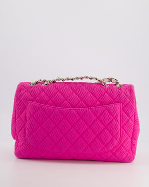 *FIRE PRICE* Chanel Hot Pink Jumbo Single Flap Bag in Perforated Fabric Material with Silver Hardware and White Patent Leather Chain Detail