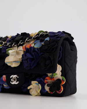 *RARE* Chanel 15C Navy Camelia Embroidered Flap Bag in Fabric Material with Silver Hardware