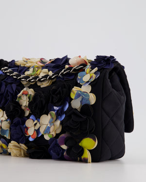 *RARE* Chanel 15C Navy Camelia Embroidered Flap Bag in Fabric Material with Silver Hardware
