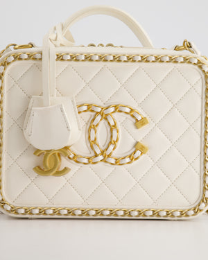 *SUPER HOT* Chanel White Medium CC Filigree Vanity Case Bag in Shiny Calfskin Leather with Brushed Gold Hardware and Chain Detail