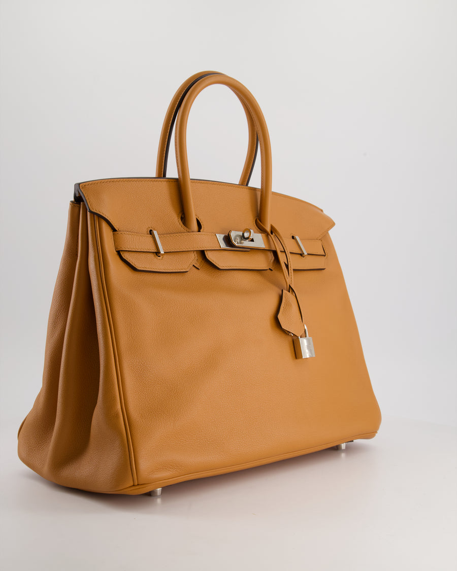 *LIMITED EDITION & FIRE PRICE* Hermès Birkin 35cm Sea, Surf and Fun Bag in Toffee Novillo Leather with Palladium Hardware and Printed Canvas Interiror