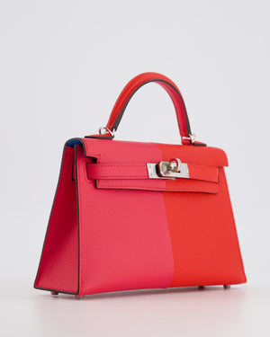 *HOT* Hermès Mini Kelly II 20cm in Rouge De Coeur, Rose Extreme with Blue Zanzibar Interior Epsom Leather with Palladium Hardware