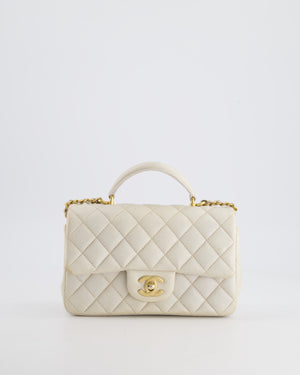 Chanel Off-White Mini Rectangular Top Handle Flap Bag in Lambskin Leather with Brushed Gold Hardware