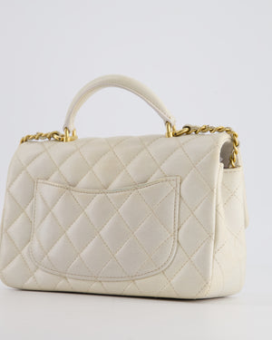 Chanel Off-White Mini Rectangular Top Handle Flap Bag in Lambskin Leather with Brushed Gold Hardware