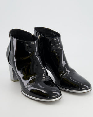 Chanel Black Patent and Silver Heeled Boots with CC Logo Size EU 39.5