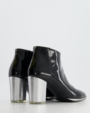 Chanel Black Patent and Silver Heeled Boots with CC Logo Size EU 39.5