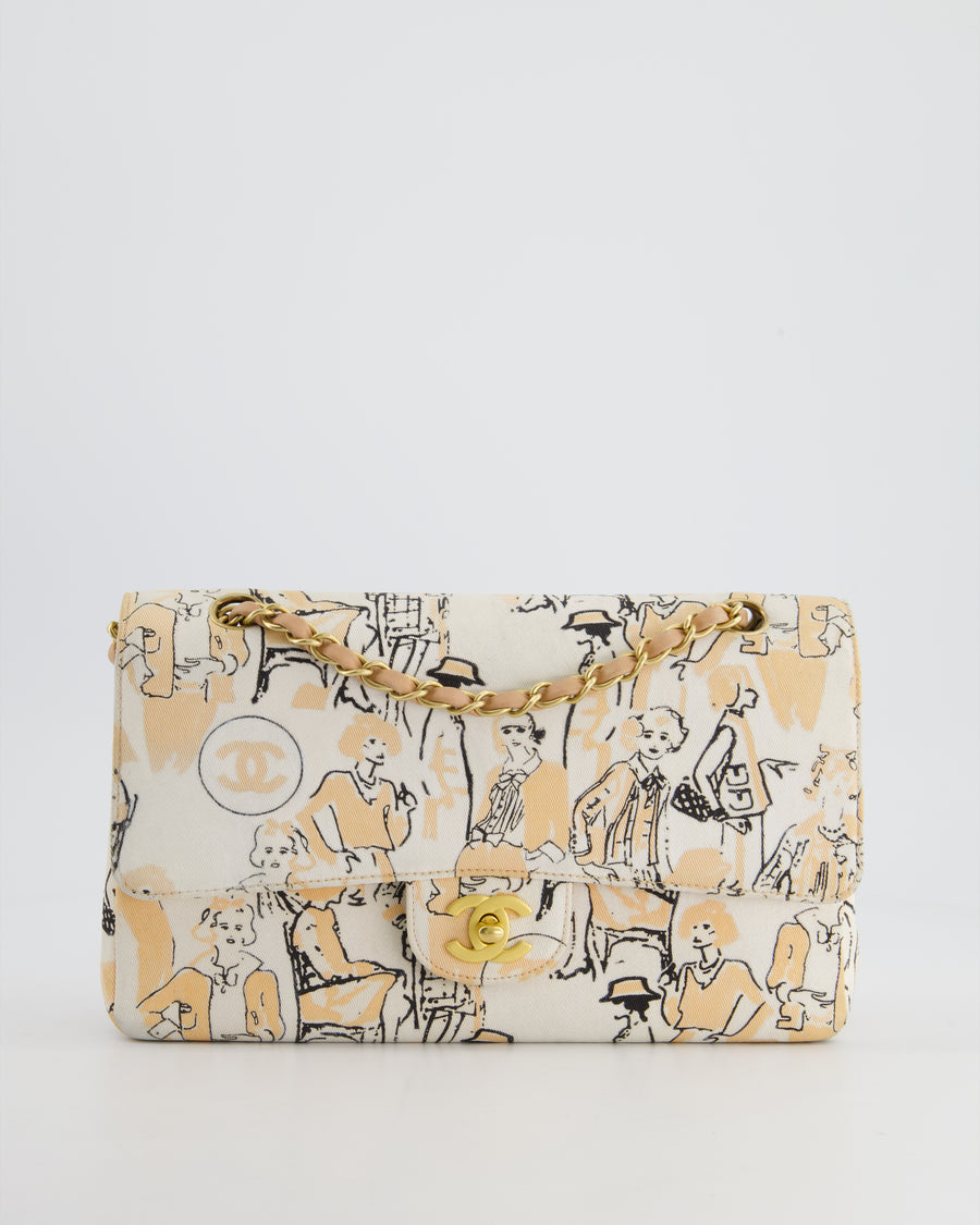 Chanel Peach and White Vintage Coco Print Classic Medium Double Flap Bag in Fabric with Brushed Gold Hardware