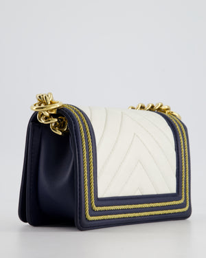 Chanel Navy and White 19C Small Boy Bag in Chevron Lambskin Leather and Gold Hardware with Gold Rope Trim Detailing