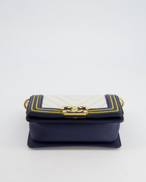 Chanel Navy and White 19C Small Boy Bag in Chevron Lambskin Leather and Gold Hardware with Gold Rope Trim Detailing