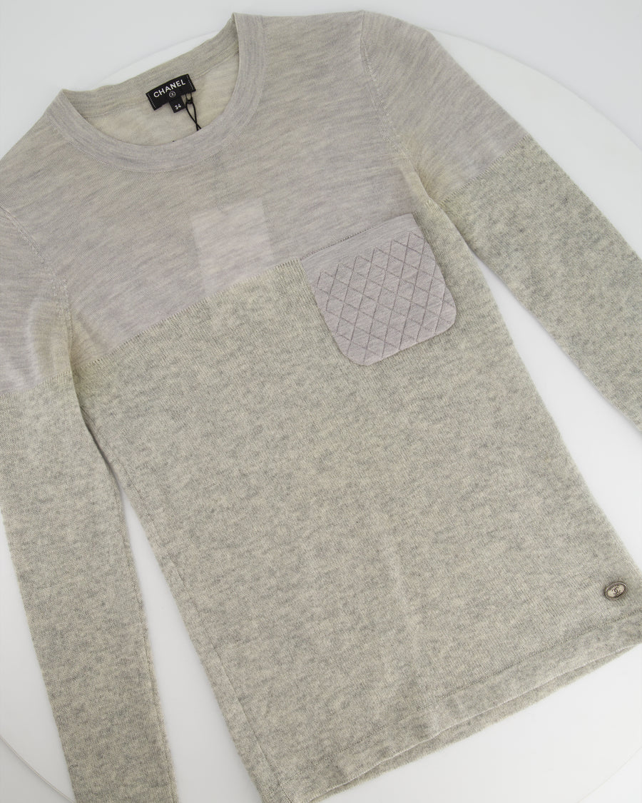 Chanel Grey Round Neck Long Sleeve Top with Quilted Pocket Detail FR 34 (UK 6)