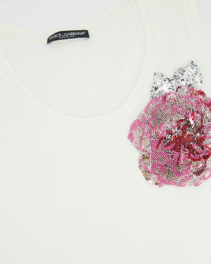 Dolce & Gabbana White Tank Top with Pink Sequin Floral Detail Size IT 40 (UK 8)
