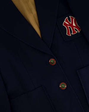 Gucci Navy Single-Breasted Blazer Jacket with Red NY Patch and Logo Button Detail Size IT 40 (UK 8)