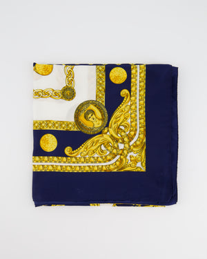 Celine Blue, Gold and White Silk Scarf with Chain Motif 90cm x 90cm
