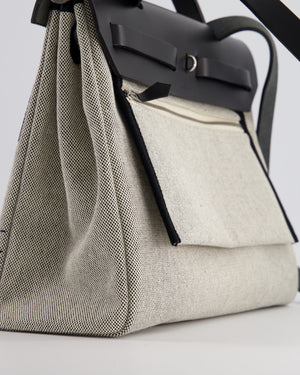 *RARE* Hermès Herbag 31cm Retourne Toile Bag in Noir Swift Leather and Ecru & Bleu Indigo Canvas with Palladium Hardware