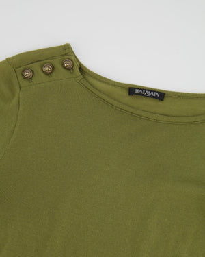 Balmain Khaki Wool Long-Sleeve Top with Gold Buttons Detail Size FR 36 (UK 8)