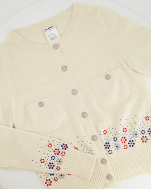 Chanel Cream Cashmere Cardigan with Floral, Sequin Embellishments and Silver CC Buttons Size FR 36 (UK 8)