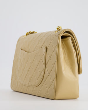 Chanel Beige Vintage Classic Medium Double Flap Bag in Lambskin Leather with 24K Gold Hardware and Stitched Edge