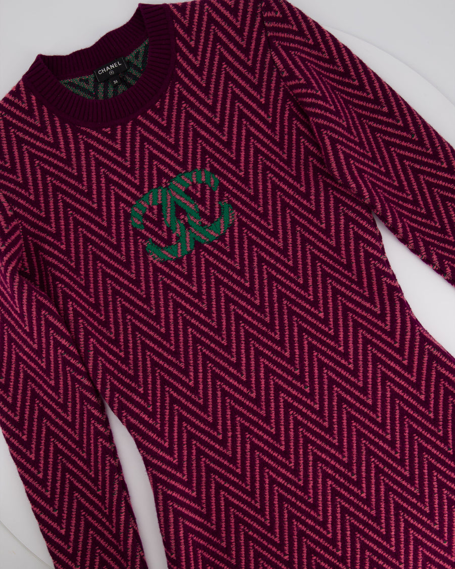 Chanel Purple, Green Zig Zag Cashmere Dress with CC Logo Size FR 36 (UK 8)