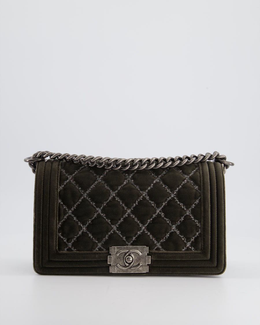 Chanel Medium Charcoal Grey Velvet Boy Bag with Contrast Stitching and Ruthenium Hardware Bag