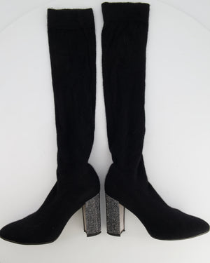 Rene Caovilla Black Stretch High-Knee Boots with Crystal Heel Size EU 37 RRP £1,450