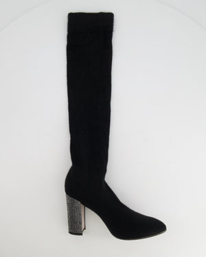 Rene Caovilla Black Stretch High-Knee Boots with Crystal Heel Size EU 37 RRP £1,450