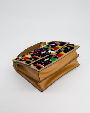 Fendi Leather, Velvet Shoulder Embroidered Studded Medium 'Kan I' Bag with Gold Hardware
