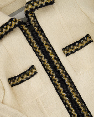 Chanel Cream Tweed Jacket with Brown, White ZigZag Trim Detail Size FR 38 (UK 10)