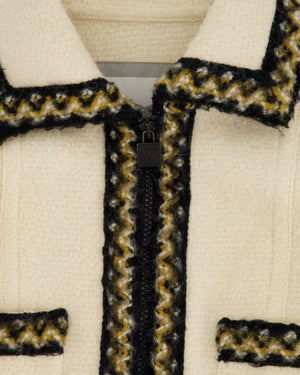 Chanel Cream Tweed Jacket with Brown, White ZigZag Trim Detail Size FR 38 (UK 10)