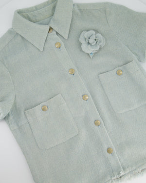 Chanel 08C Baby Blue Tweed Short-Sleeve Shirt with Freyed Edge and Cameila Flower Detail Size FR 36 (UK 8)