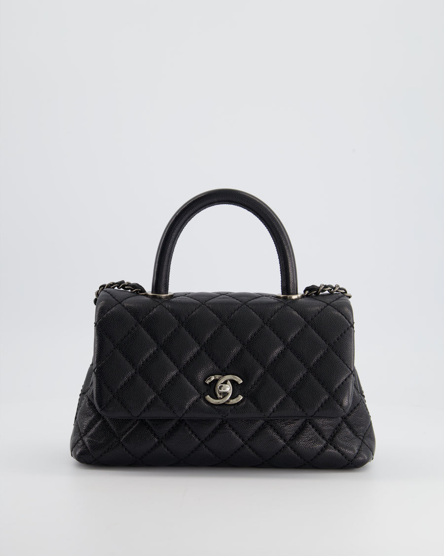 *FIRE PRICE* Chanel Black Small Caviar Quilted Coco Handle Flap Bag with Black Calfskin Handle and Ruthenium Hardware