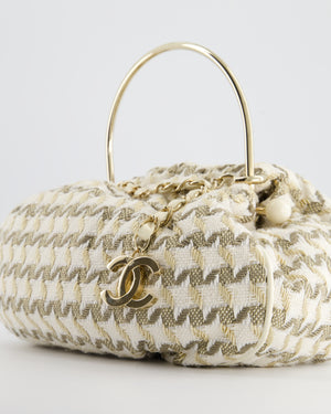 Chanel Cream, Olive Green, Beige Tweed Top Handle Clutch Bag with Chain CC Logo Champagne Gold Hardware
