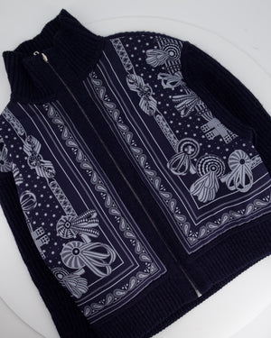 Hermès Navy Knitted Sleeve Zip Jacket with Printed Silk Panel Detail FR 38 (UK 10)