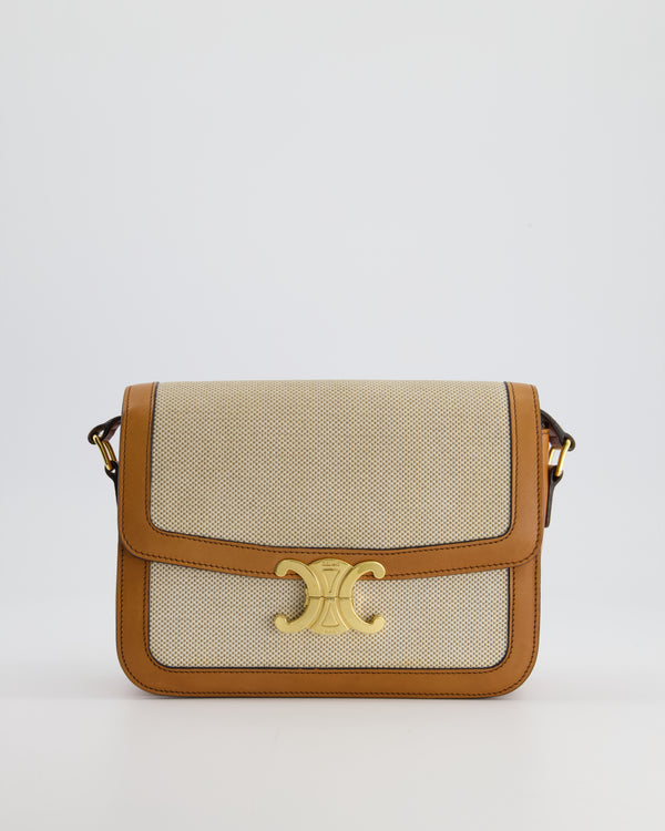 Celine Classique Triomphe Bag in Natural Textile and Tan Calfskin Leather with Gold Hardware RRP £2850
